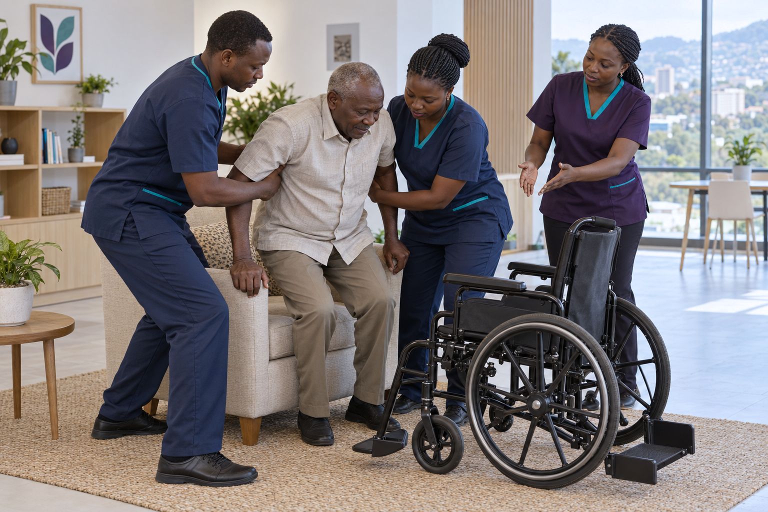 Women and men collaborating during a professional caregiver training session