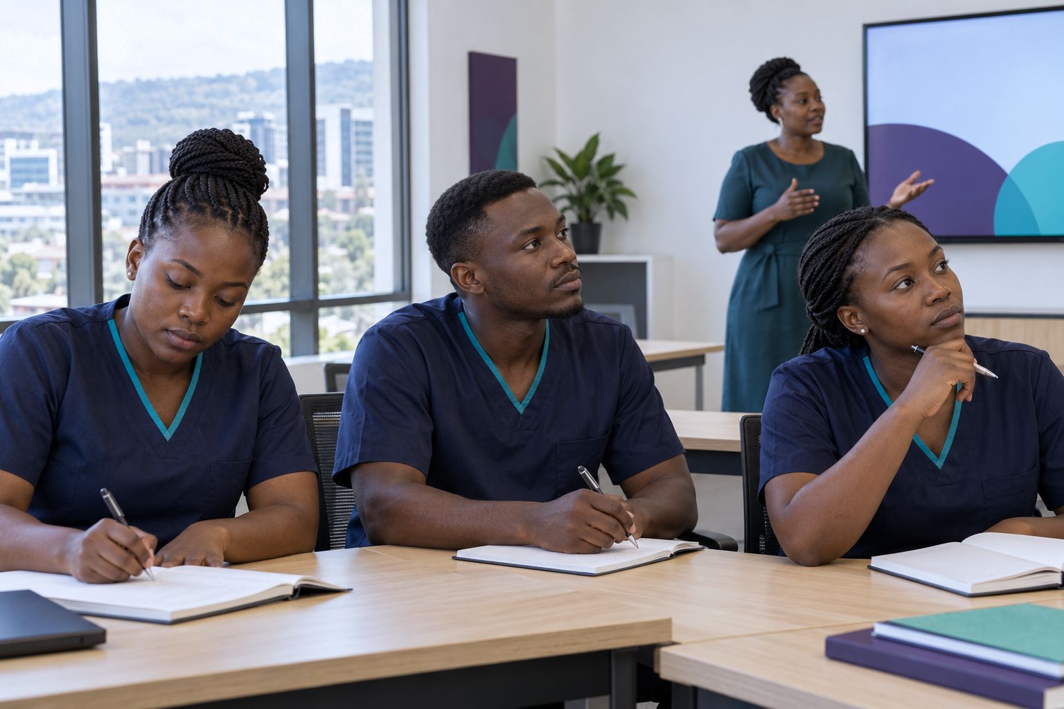 Black African trainees listening during classroom instruction